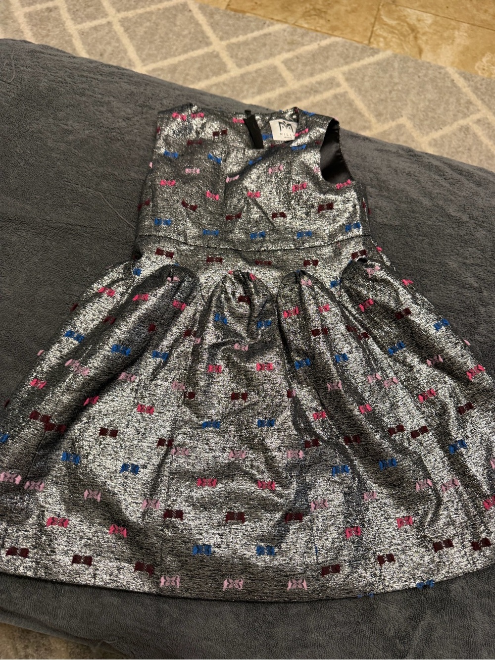 Milly Minis Metallic Silver Dress with Pink, Blue and Burgundy Bows